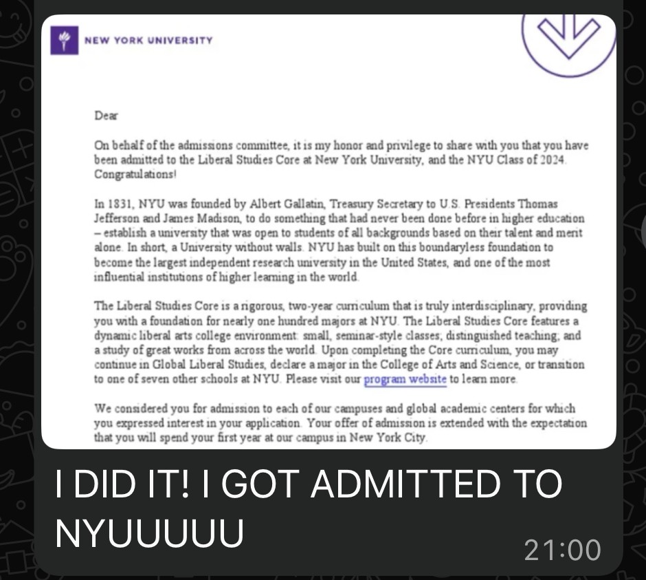 Скриншот результата поступления в NYU