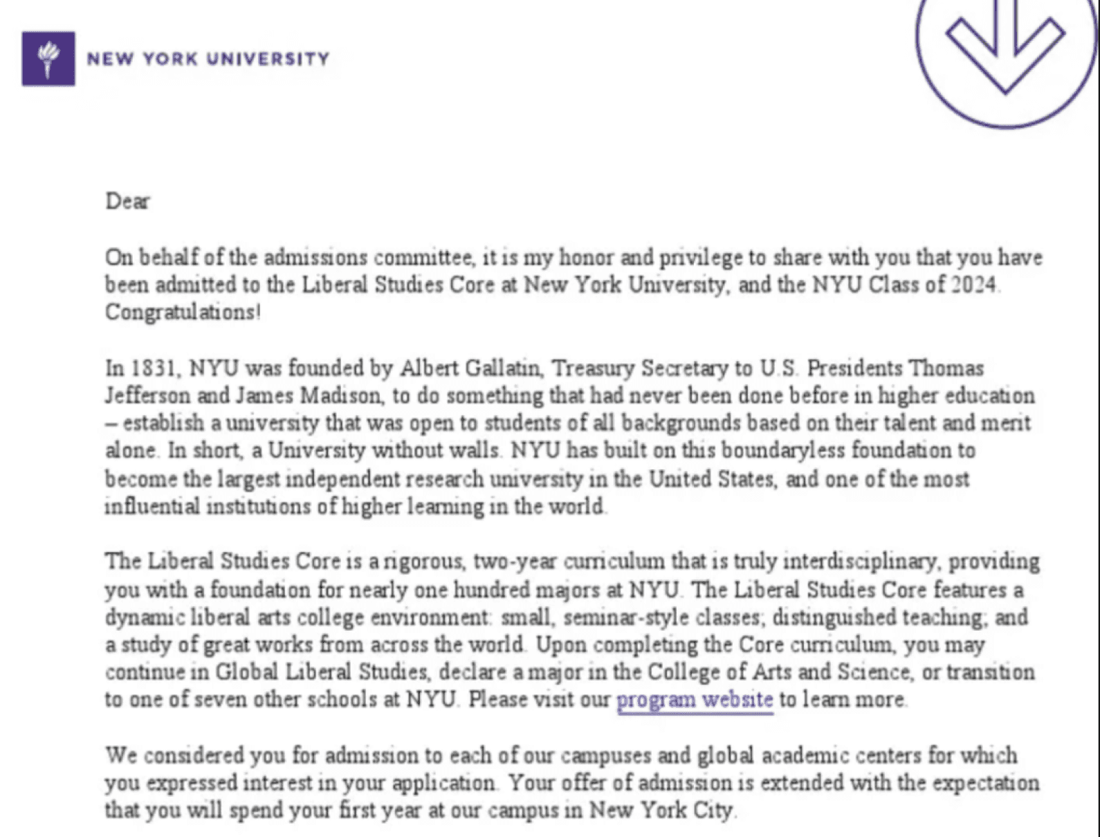 Фрагмент письма о поступлении в New York University