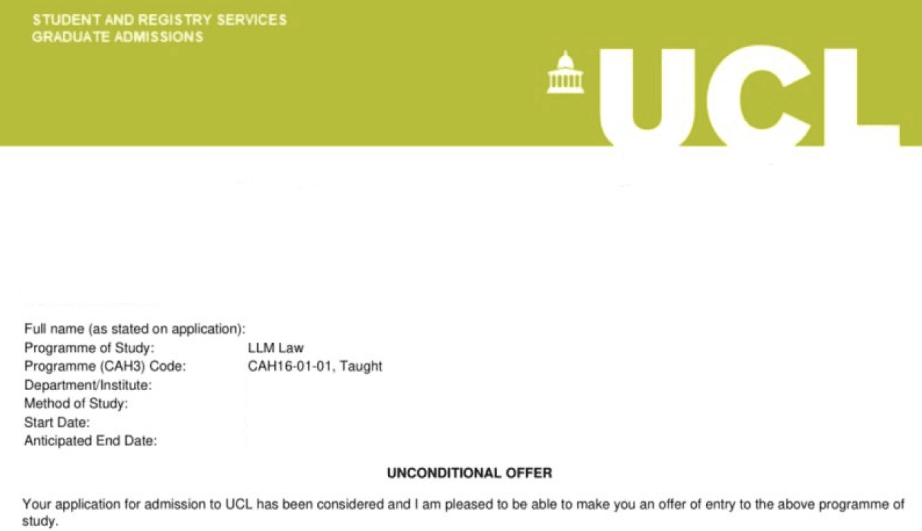 Фрагмент письма о поступлении в UCL